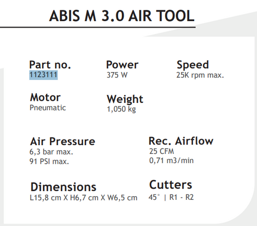 1123111, ABIS-M 3.0 Mini Mite™ Air
Mini Mite Mini Cutter Bevel & Round, Even Smaller
ABIS M 3.0 AIR TOOL
Part no. : 1123111
Motor : Pneumatic
Cutters : 45° | R1 - R2
Power : 375 W
Speed : 25K rpm max.
Weight : 1.050
Air pressure: 6.3bar max. | 91 PSI max
Rec. Arir Flow: 25 CFM/ 0.71 Mcube/Min
Dimensions: L 15.8CMxH6.7CmxW6.5cm