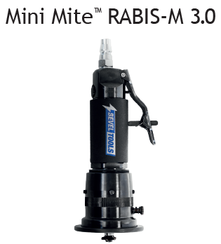 1123112	RABIS-M 3.0 Mini Mite™ Air

Key Specifications

• Model: RABIS-M 3.0 (Mini Mite Frequency Platform)
• Motor Type: Pneumatic (powered by air pressure)
• Operating Pressure: Max 6.3 bar
• Power:  375 Watt (0.375 kW)
• Speed: Max 25,000 RPM
• Weight: Approximately 1.05 kg (extremely lightweight and portable)
• Bevel Capacity:
	• Max Bevel Depth: 2.5mm
	• Bevel Angle: 45°
	• Radius Rounding Capability: R1 and R2