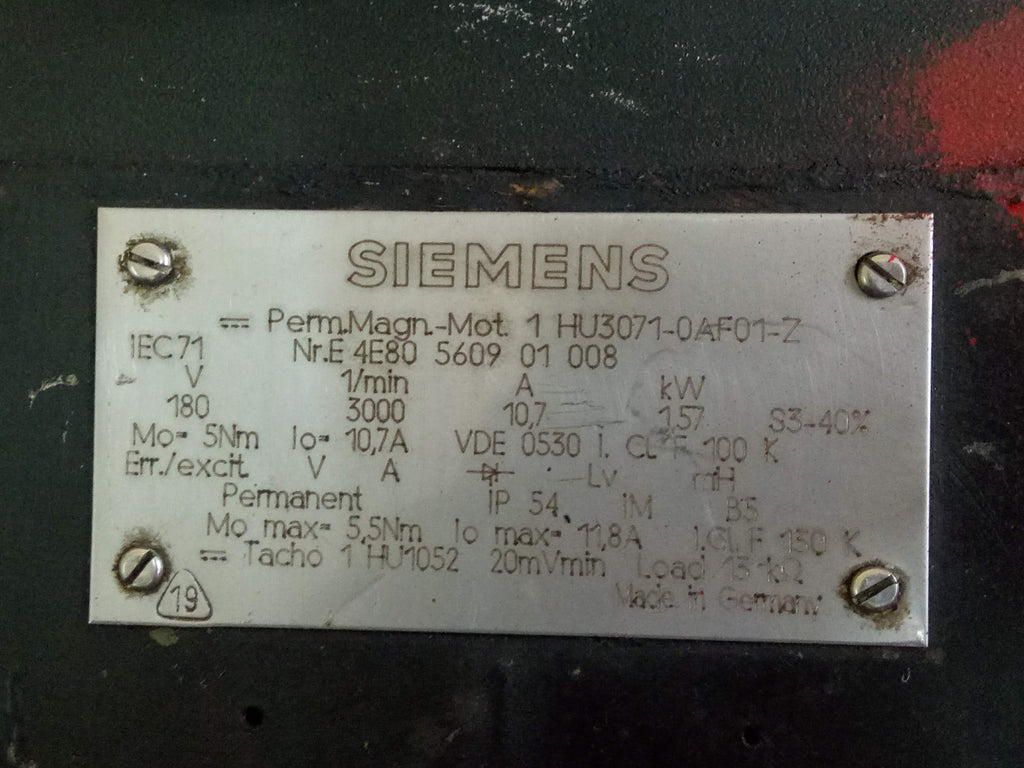 Specificatoin sticker Siemens 1HU servo motor, Siemens 1HU servo motor 1HU3071-0AF01-Z with Tacho ;Tacho 1 HU1052 20 mVmin