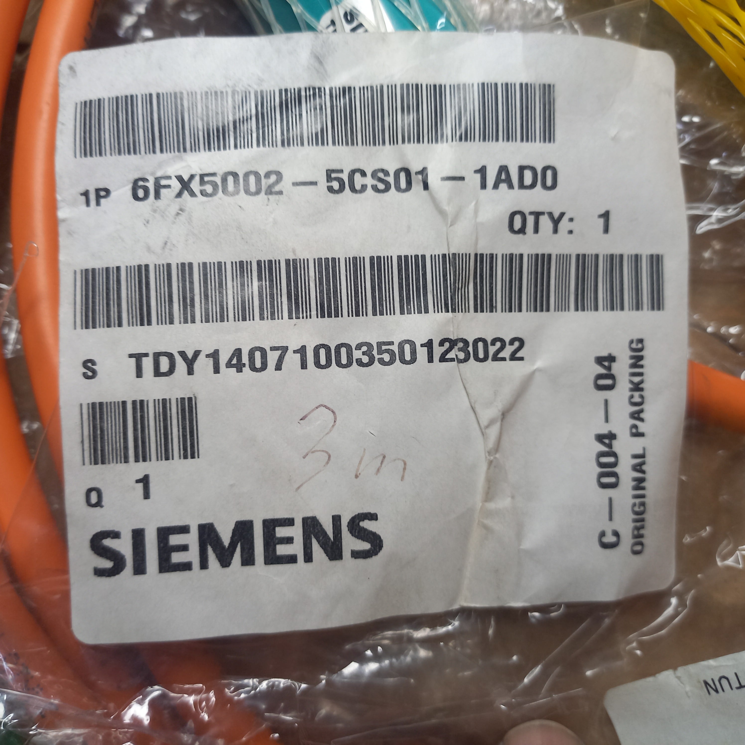 Specification sticker of 3m Power cable 6FX5002-5CS01-1AD0 POWER CABLE, PREASSEMBLED