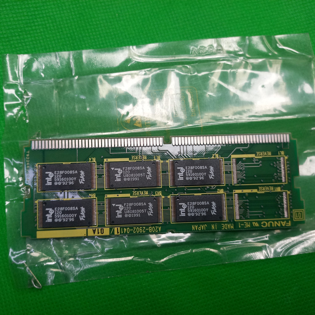 component side photo full view of pcb 6MB FROM+256K  Module  A20B-2902-0411/01A
The Fanuc A20B-2902-0411/01A is a 6MB Flash ROM (FROM) memory module with 256K SRAM designed for use with Fanuc CNC systems (such as the Series 18B).