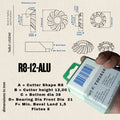 Bevel cutter for Alumnium. Produces R8 ; A = Cutter Shape R8
B = Cutter height 12,00
C = Bottom dia 38
D= Bearing Dia Front Dia  21
F= Min. Bevel Land 1,5
Flutes 8
