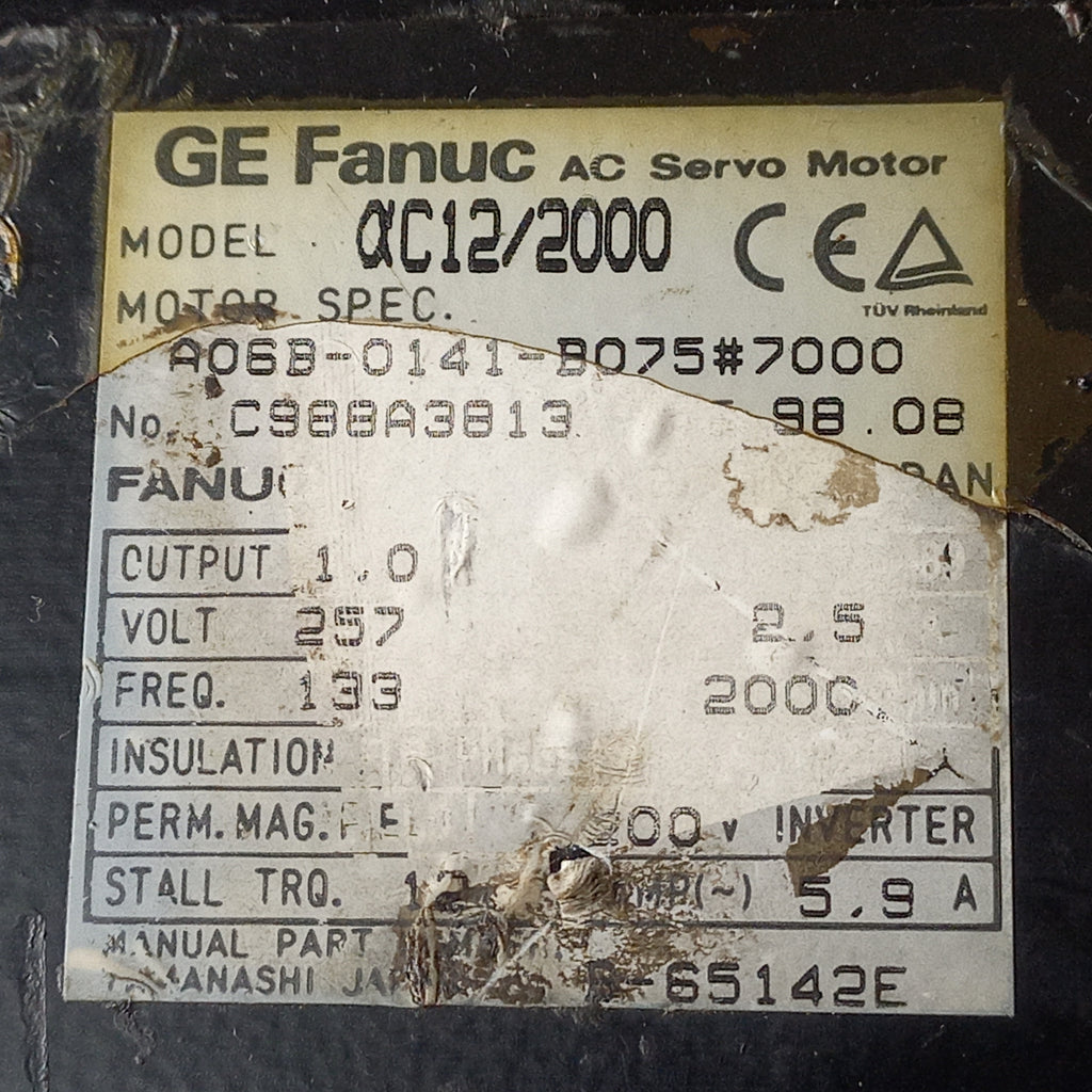 Specification sticker of GE Fanuc AC Servo Motor 
Alpha C12/2000
Motor Spec. A06B-0141-B075#7000
