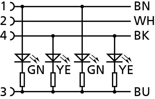 Connection diagram for Sensor pins and inside LEDS Pin Numbers on Escha AL-WAK4P2-5/S370 8048114, 5m M12 Female stratight 4 pin,Sensor Cable 