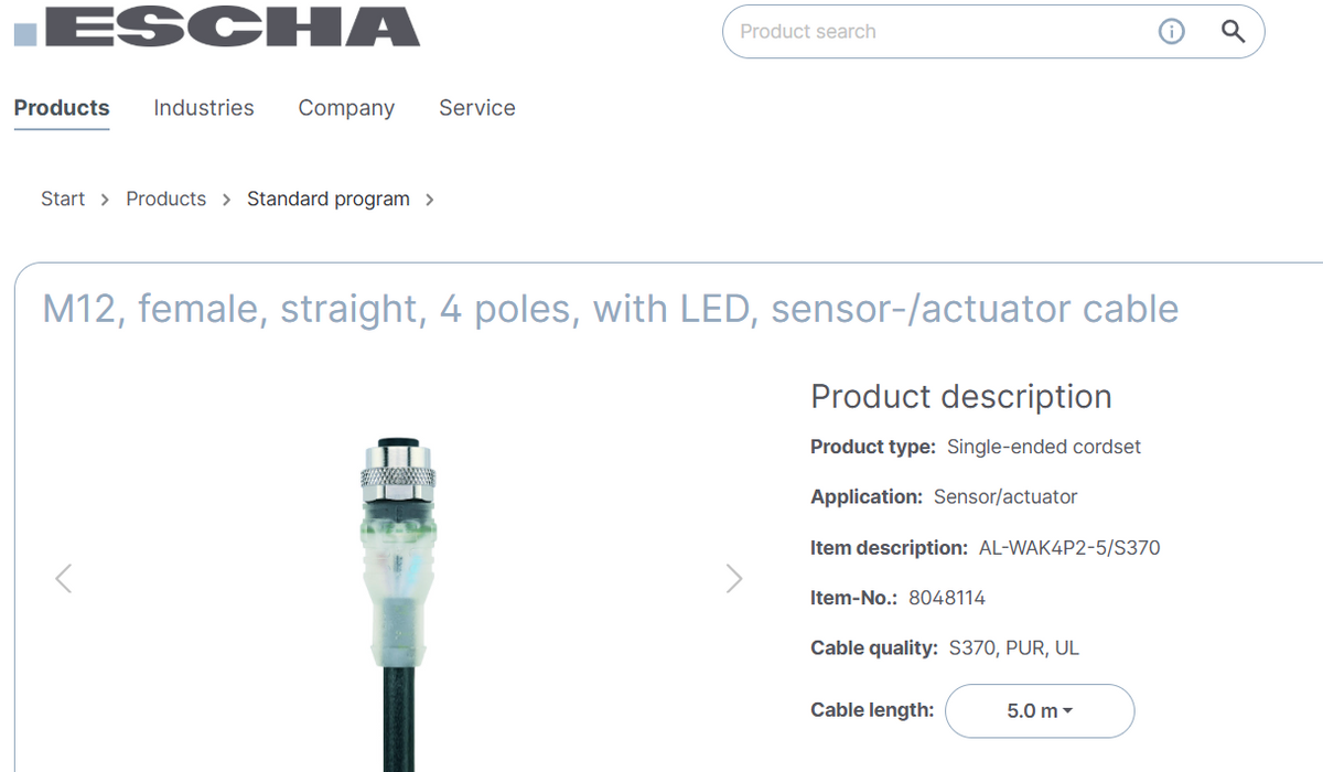 Lisiting at OEM  Escha AL-WAK4P2-5/S370 8048114, 5m M12 Female stratight 4 pin,Sensor Cable 