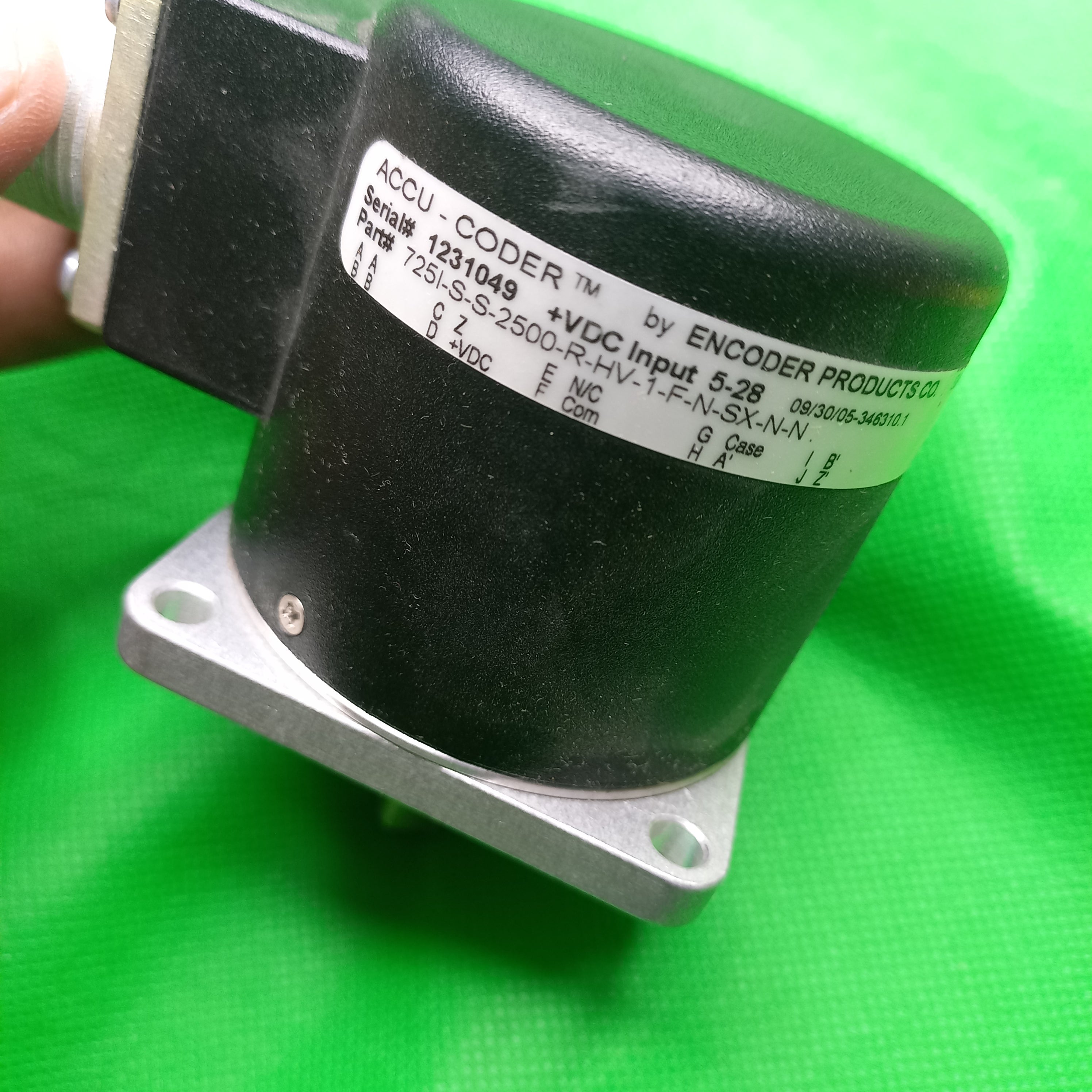 Sticker on encoder body visible on AccuCoder Encoder by Encoder Products 
725I-S-S-2500-R-HV-1-F-N-SX-N-N