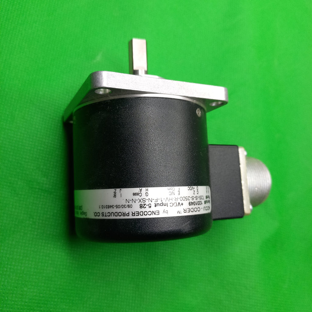 Side view of AccuCoder Encoder by Encoder Products 
725I-S-S-2500-R-HV-1-F-N-SX-N-N check Shaft and sticker details