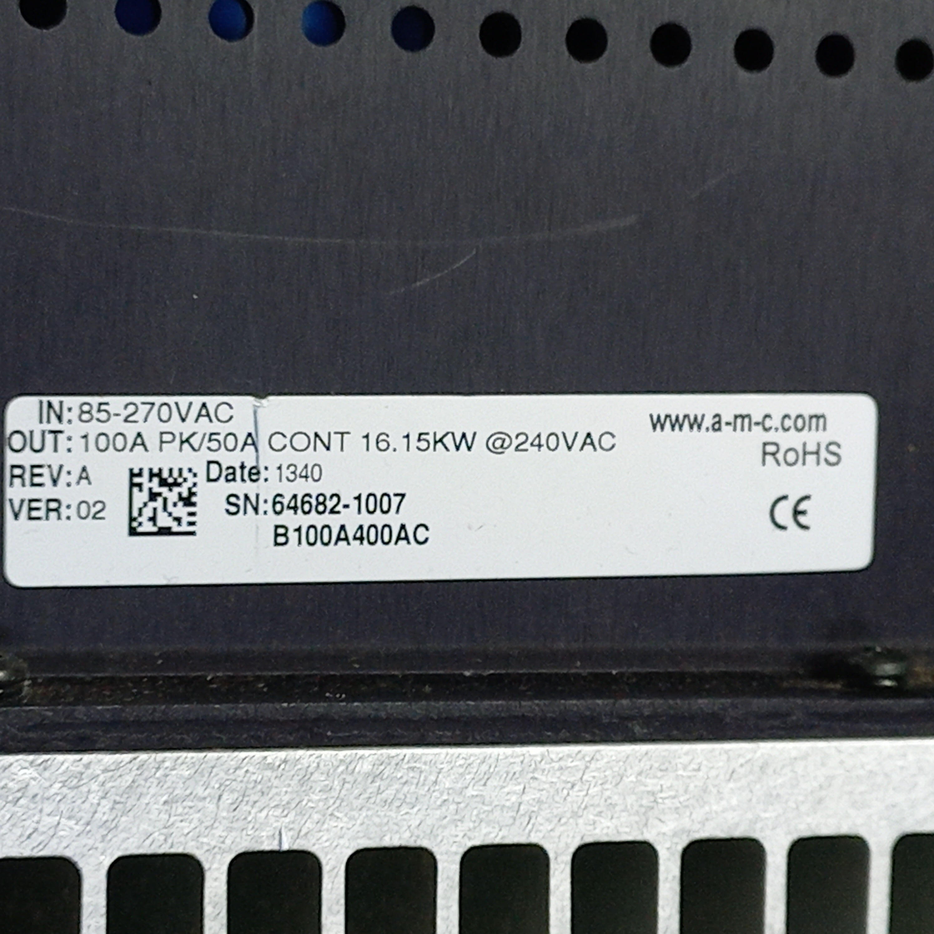 Specificarion sticker on Advanced Motion Controls | B100A400A CA Ver: 02 | B100A400AC Rev: A Ver: 02  | B100 A 400 AC | BP 64682-10071339 V02 