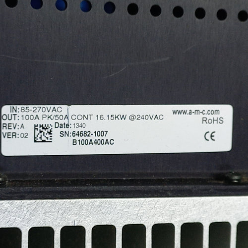Specificarion sticker on Advanced Motion Controls | B100A400A CA Ver: 02 | B100A400AC Rev: A Ver: 02  | B100 A 400 AC | BP 64682-10071339 V02 