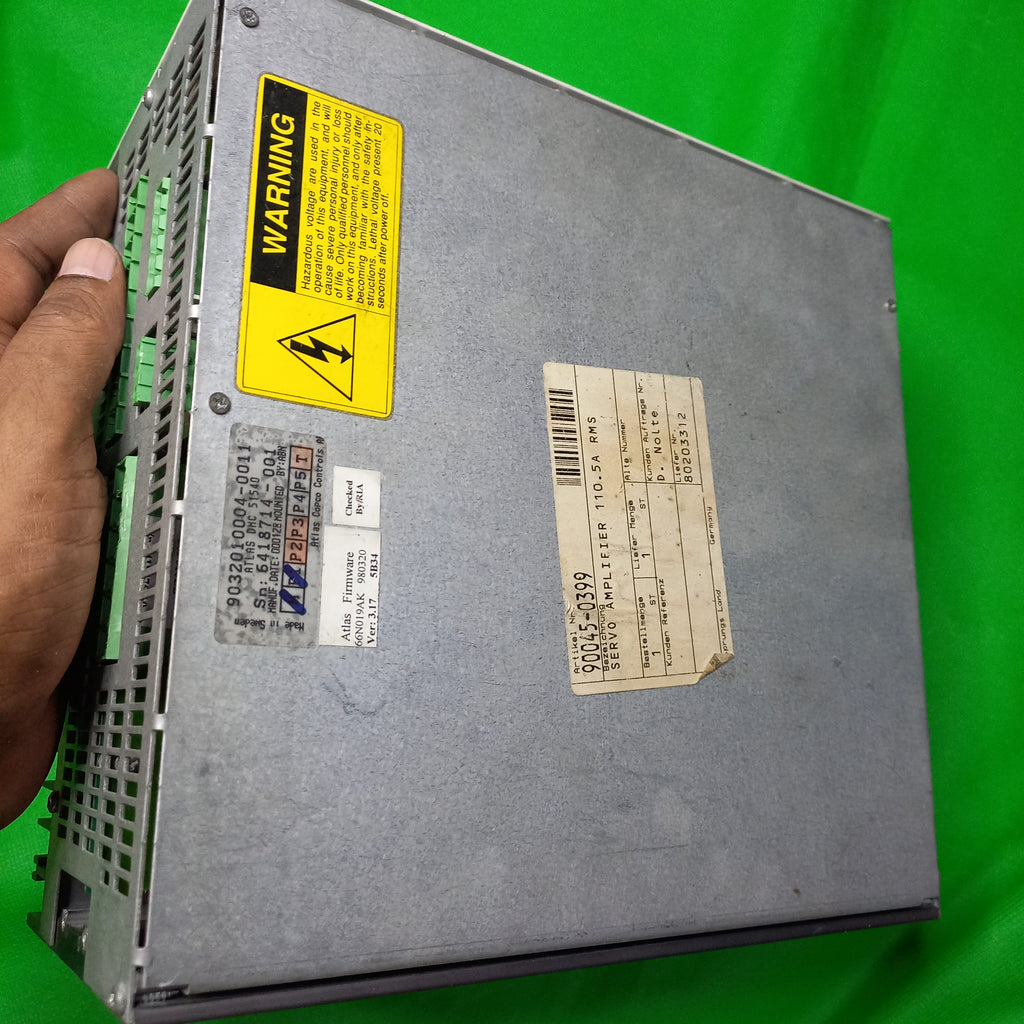 Specification sticker of Atlas Copco DMC 51540 | 90045-0399 Servo Amp 110.5A RMS FW66N019AK 980320