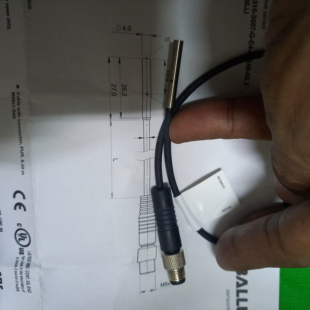 Specification tag on Cable of Balluff BES00JJ, D4.0, flush, Sn=1.5mm, PNP, NO