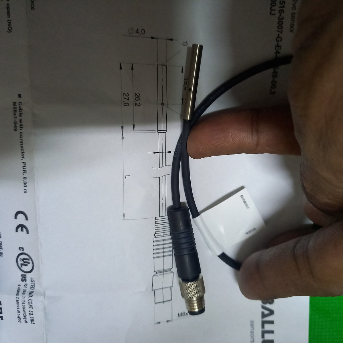 Specification tag on Cable of Balluff BES00JJ, D4.0, flush, Sn=1.5mm, PNP, NO