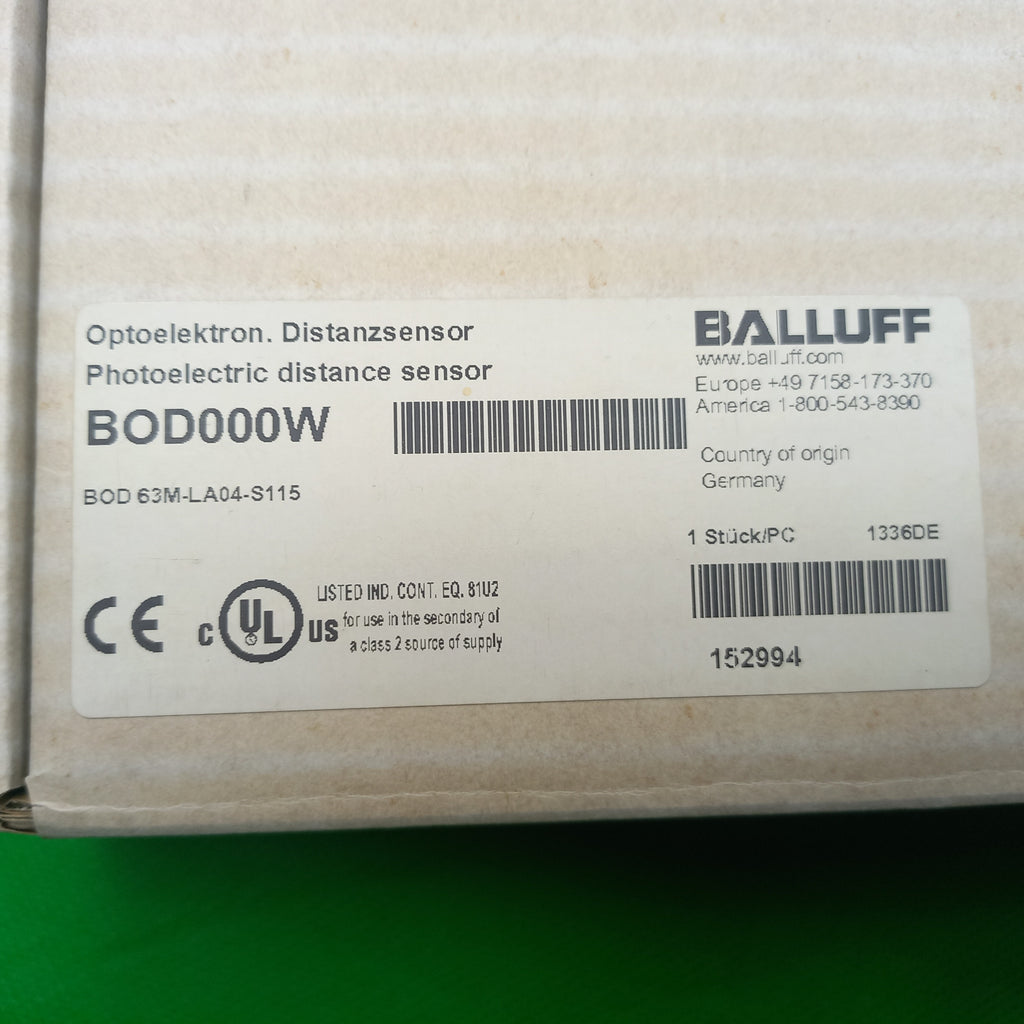 specification sticker on Balluff Photoelectric Distance Sensor 
BOD000W
BOD63M-LA04-S115