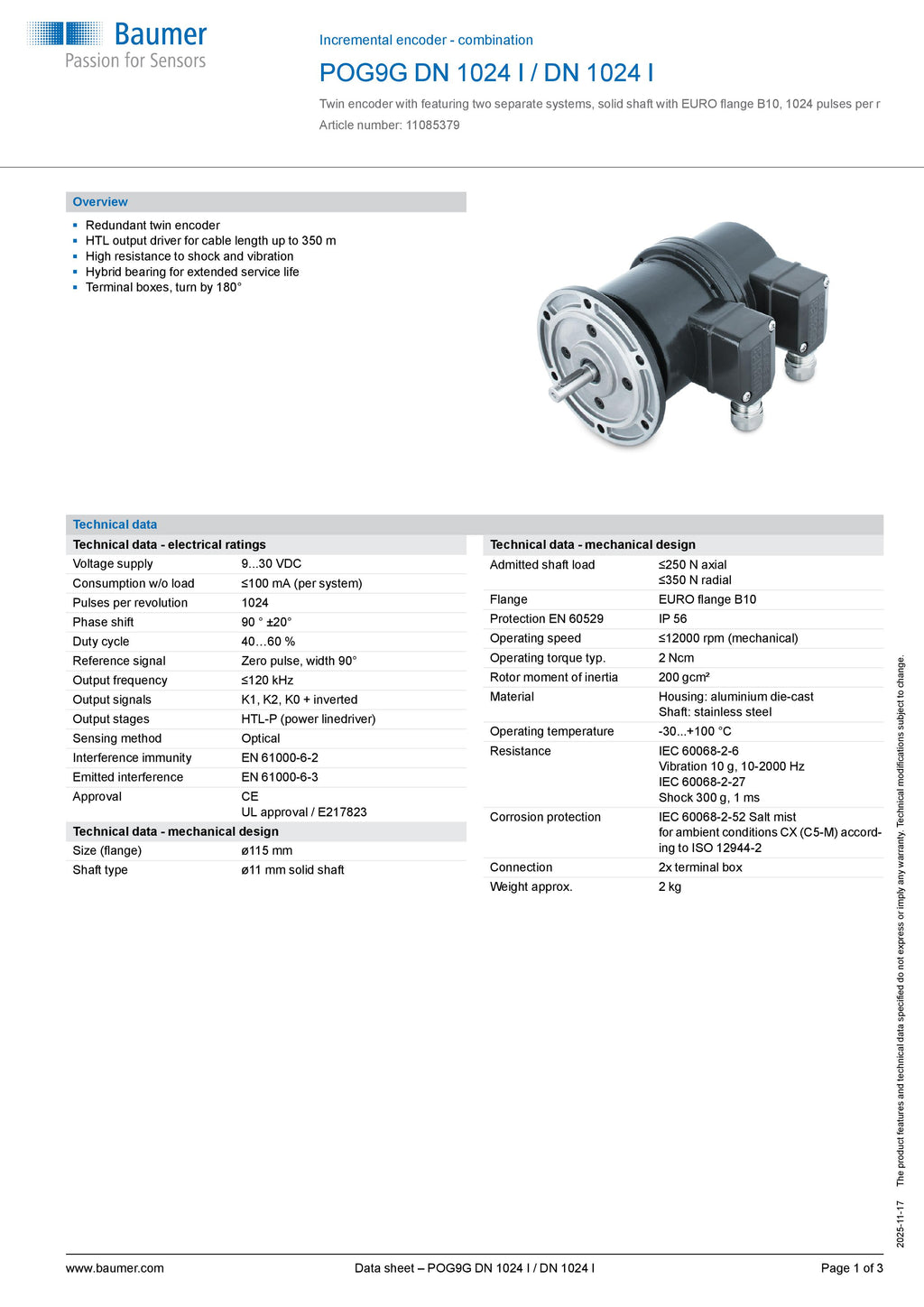 Hubner POG9G DN 1024 I / DN 1024 I | Baumer Twin Encoder | HTL | POG9GDN1024I