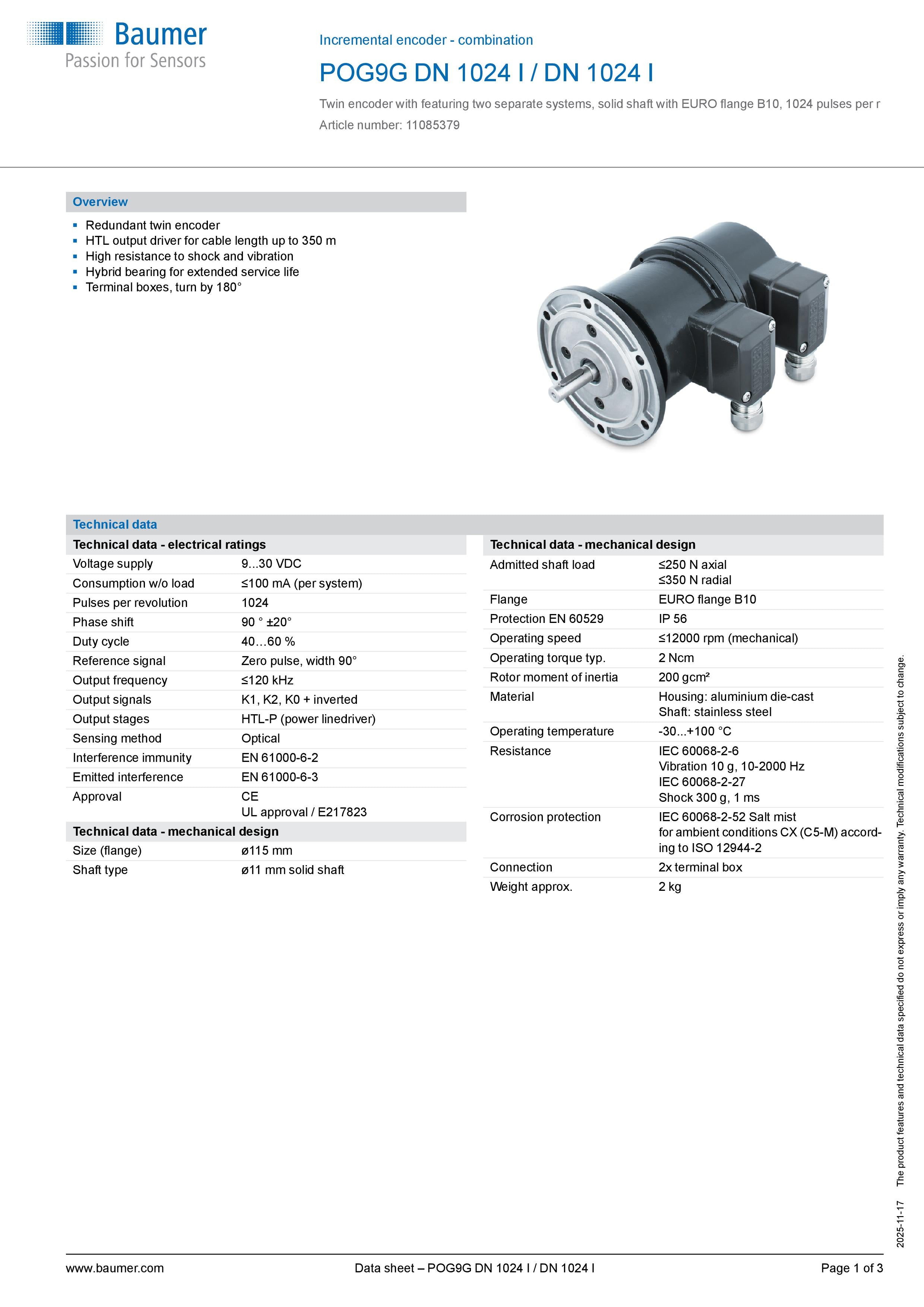 Hubner POG9G DN 1024 I / DN 1024 I | Baumer Twin Encoder | HTL | POG9GDN1024I