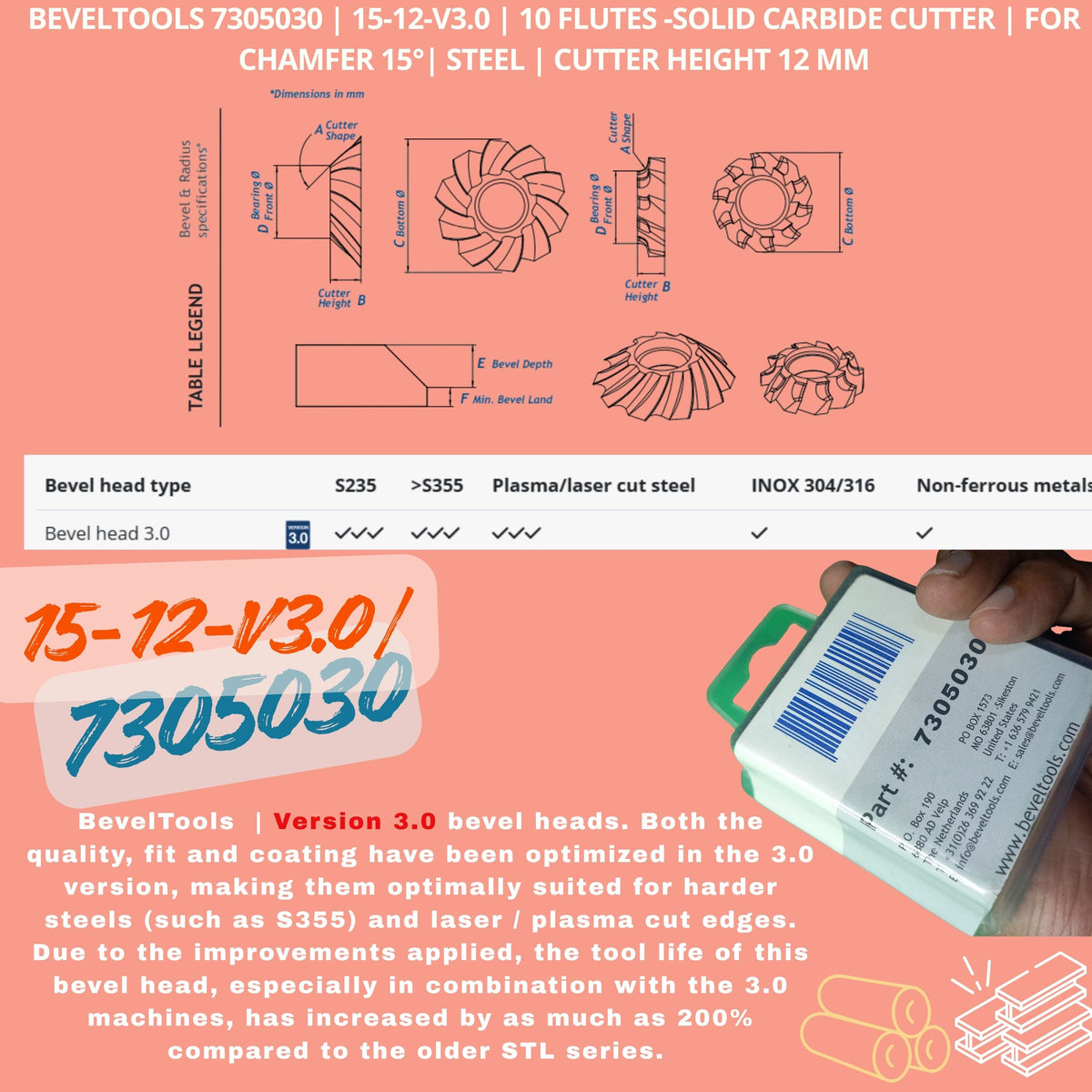 BevelTools 7305030 | 15-12-v3.0 | 10 Flutes -Solid Carbide Cutter | for Making 15°| Steel Cutter Height 12 mm, Min. Bevel Land(in mm)1.5
