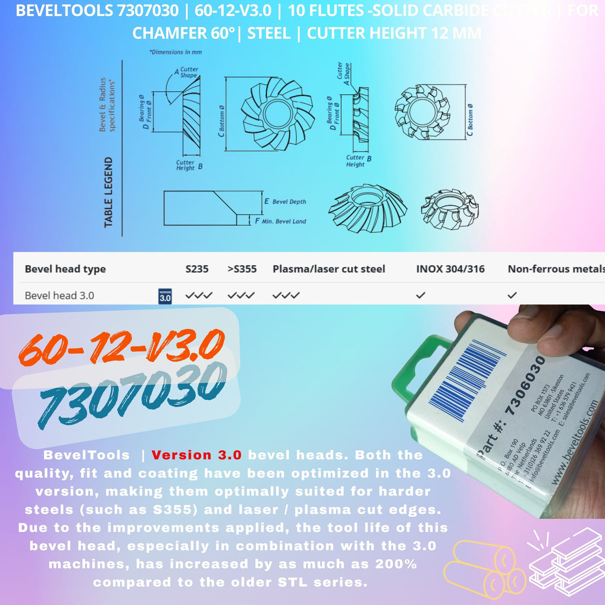 BevelTools 7307030 | 60-12-v3.0 | 10 Flutes -Solid Carbide Cutter | for Making 60°| Steel Cutter Height 12 mm, Min. Bevel Land(in mm)1.5
