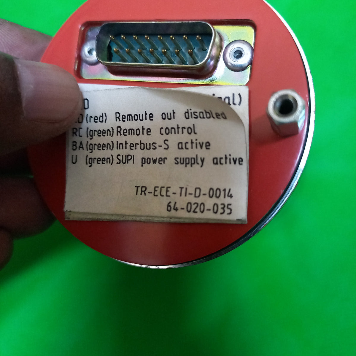Rear side of TR Electronic CE65M Art. Number; 110-01654 Interbus - S/Binar | CE 65M | 4096Prog. x 4096(Progr.) with details stuck to its behind
