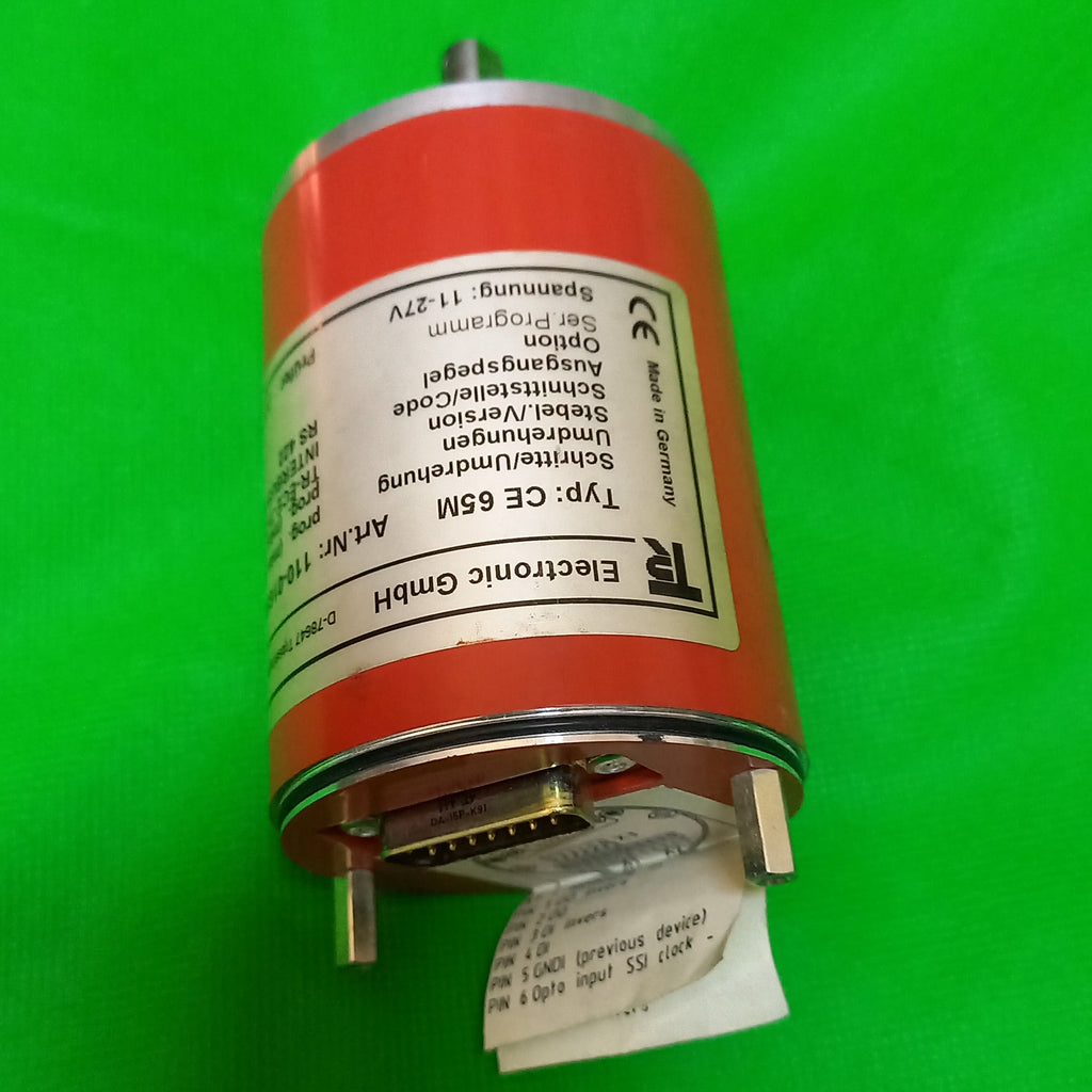 Top view of encoder with sticker and shaft and rear connector visible TR Electronic CE65M Art. Number; 110-01654 Interbus - S/Binar | CE 65M | 4096Prog. x 4096(Progr.)
