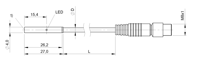 Dimension drawing BES00JJ,BES 516-3007-G-E4-C-S49-00,3, dia4x27mm, 