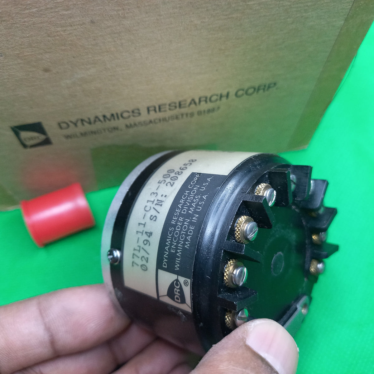 Rear side connector terminal view of Dynamics Research Corp. 77L-11-C13-500
Ch A, Ch B, ZR , +12VDC and Ground 
