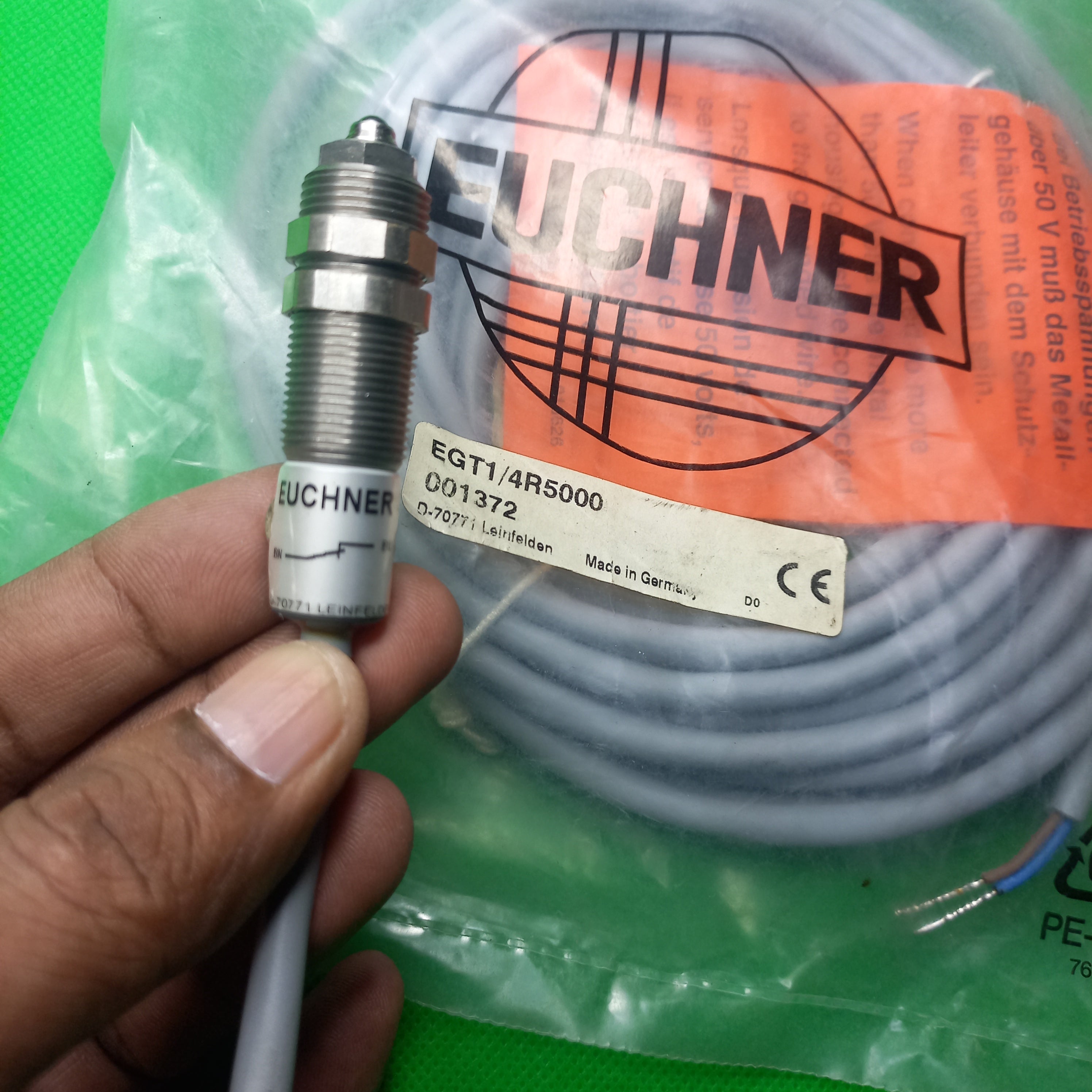 specification sticker on packet of EGT14R5000 (Order no.  Euchner 1372) Precision single hole fixing limit switch EGT1/4