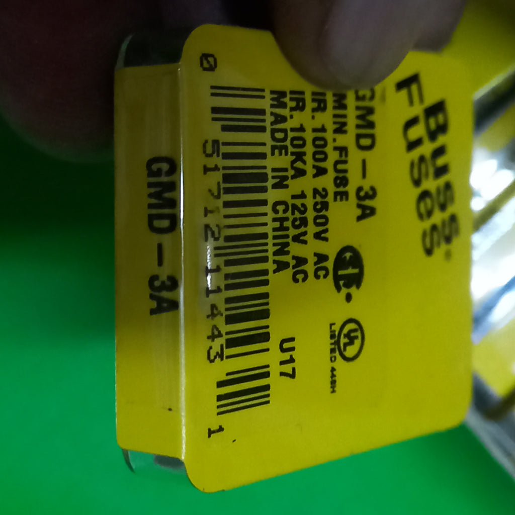 Cooper Bussmann,   GMD3A fuse; 5x20mm; glass; holders; 3A; 250V; time-lag; GMD,   | IR. 100A 250VAC.,   ,  | IR. 10KA 125V AC,  