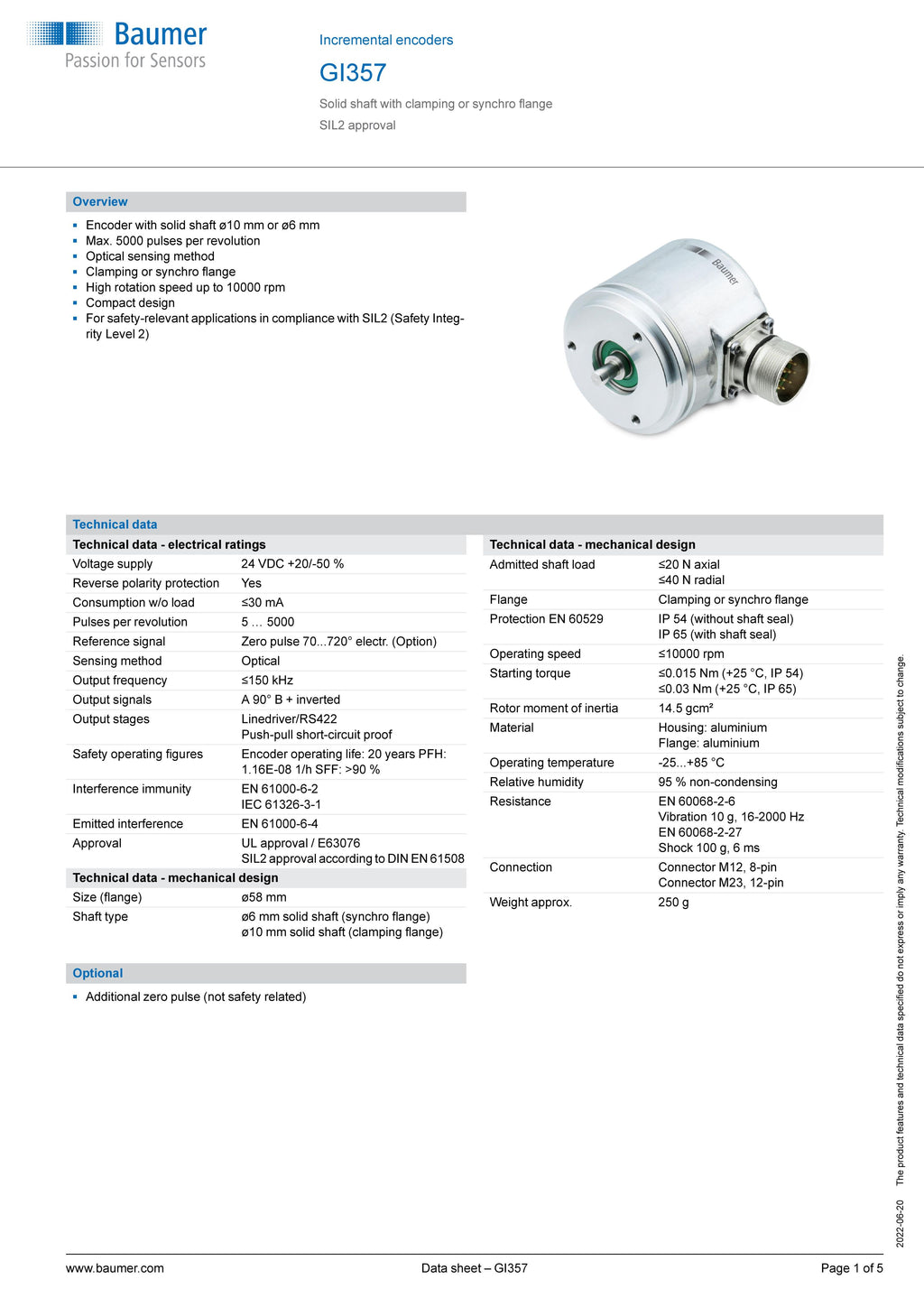 BAUMER GI 355 Encoder | 1000 Imp | 4.75-30VDC| M23 | 10mm Shaft| Clamping Flange