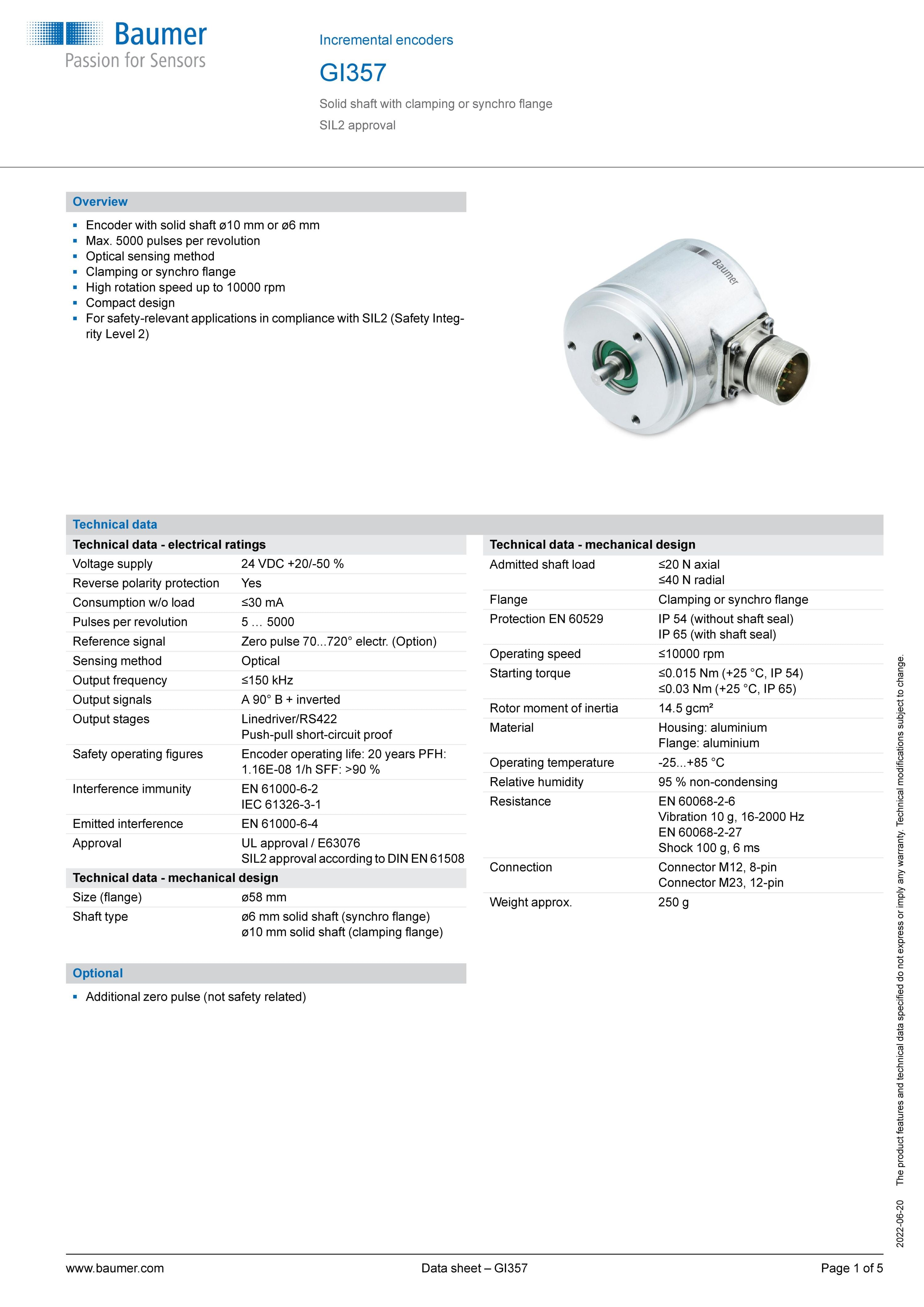BAUMER GI 355 Encoder | 1000 Imp | 4.75-30VDC| M23 | 10mm Shaft| Clamping Flange