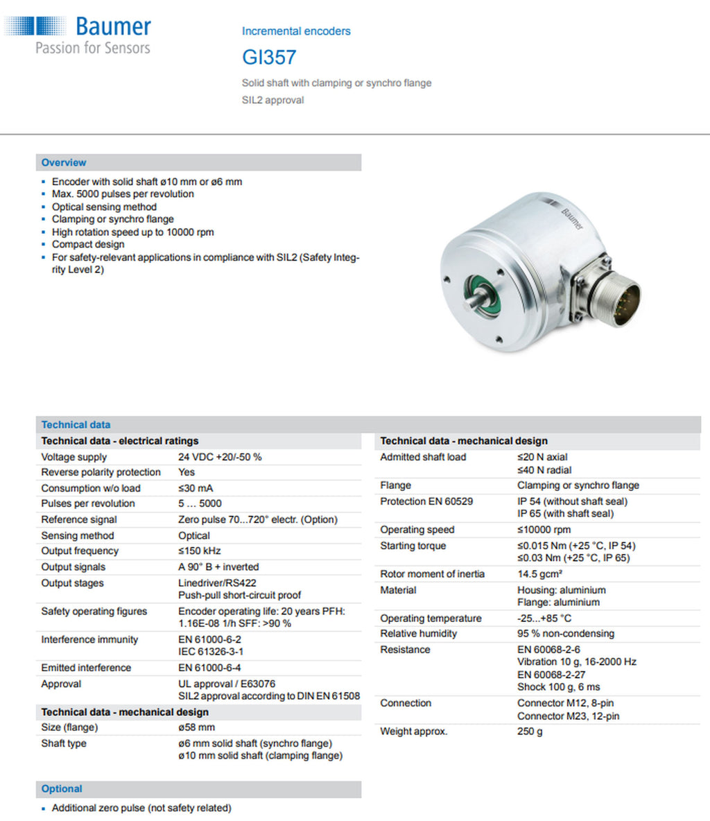 BAUMER GI 355 Encoder | 1000 Imp | 4.75-30VDC| M23 | 10mm Shaft| Clamping Flange