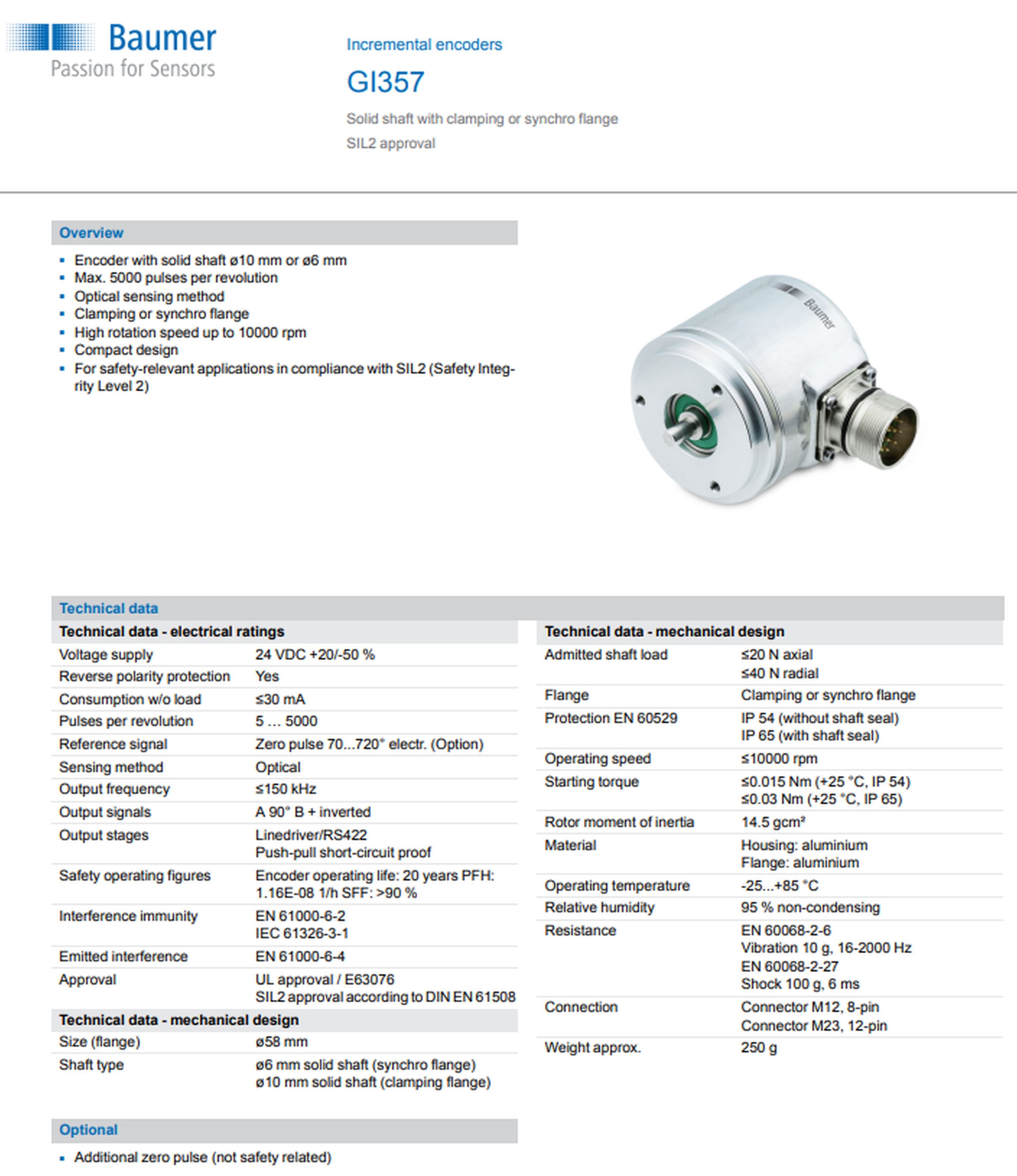 BAUMER GI 355 Encoder | 1000 Imp | 4.75-30VDC| M23 | 10mm Shaft| Clamping Flange