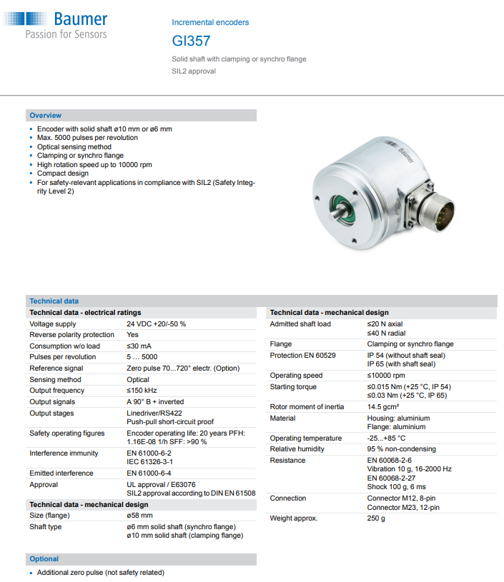 BAUMER GI 355 Encoder | 1000 Imp | 4.75-30VDC| M23 | 10mm Shaft| Clamping Flange
