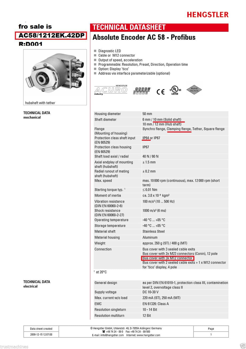 HENGSTLER 0 566 799 | 10mm Shaft,Profibus 12bit MT+12Bit ST Absolulte Encoder