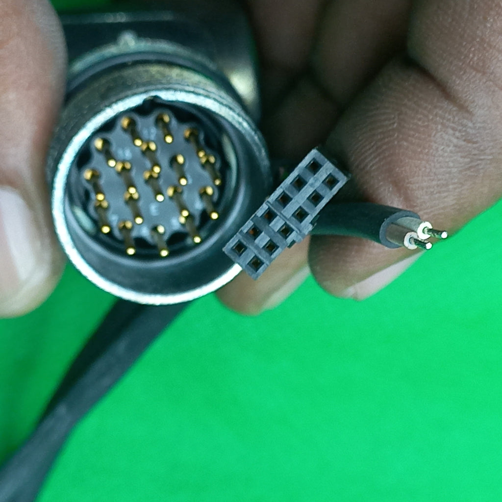 Booth Side connector views in one photo - 17 pin connector 12 pin connector and 2 wire open ends visible in one picture for Heidenhain Cable 332201-01&nbsp;
| AGK 40 33 0.30 90B012 68S17 BK .. 08 .. 53 0.30 -40 / + 120 01 Cable