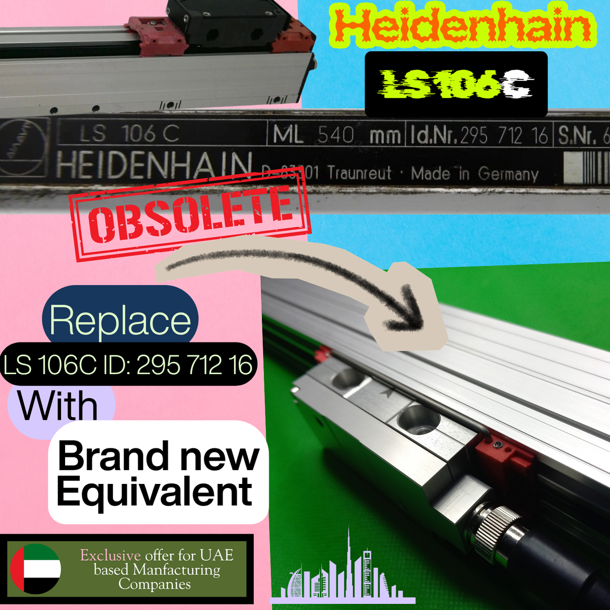 Replacement for LS106C linear Encoder with Factory new Linear scale. Supplied encoder has same dimensions for mountingas LS106/C ML540 - Heidenhain Id.Nr. 295 712-16