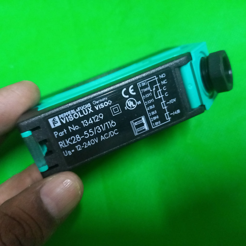 clear photo of specification sticker of Pepperl+Fuchs Visolux Viso+
Part No. 134129_ RLK28-55/31/116
Ub=12-240VAC/DC
Effective detection range 0 ... 17 m
light/dark on switchable

