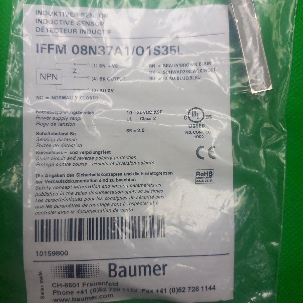 Specification sticker on package Miniature Rectangular IFFM 08N37A1/O1S35L Article number: 10159800, NPN NC