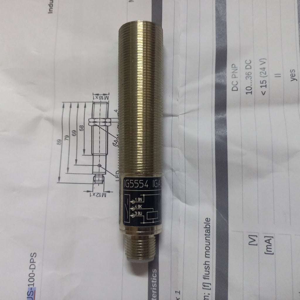 Dimensions Inductive sensor -IG5554, M18, PNP, 5mmRange,Flush
