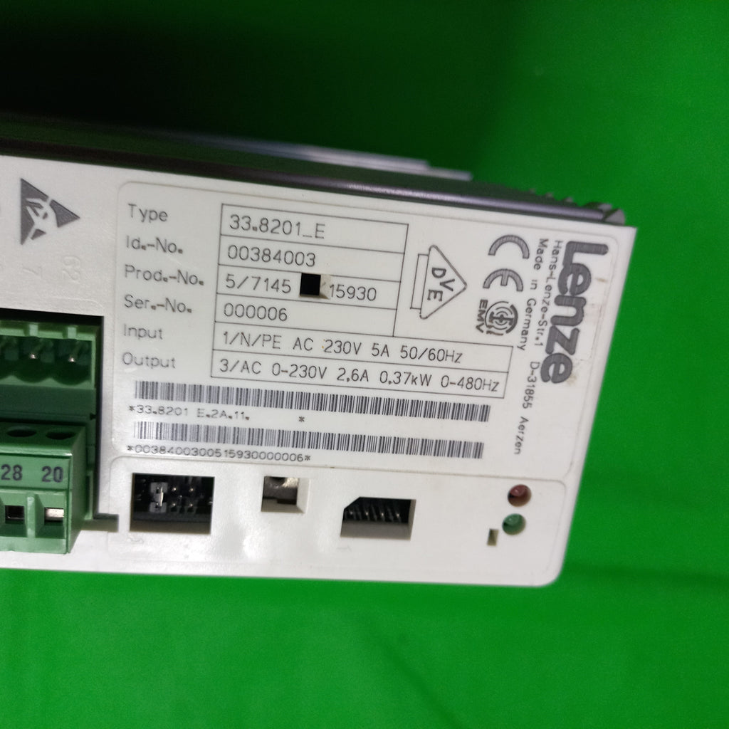 Video of 33.8201_E, Id.Nr. 003840003 The Lenze 33.8201_E (also known as model EVF8201-E) 
Lenze Frequency Drive Type 33.8201_E ; Id.-No. 00384003
33.8201 E.2A.11