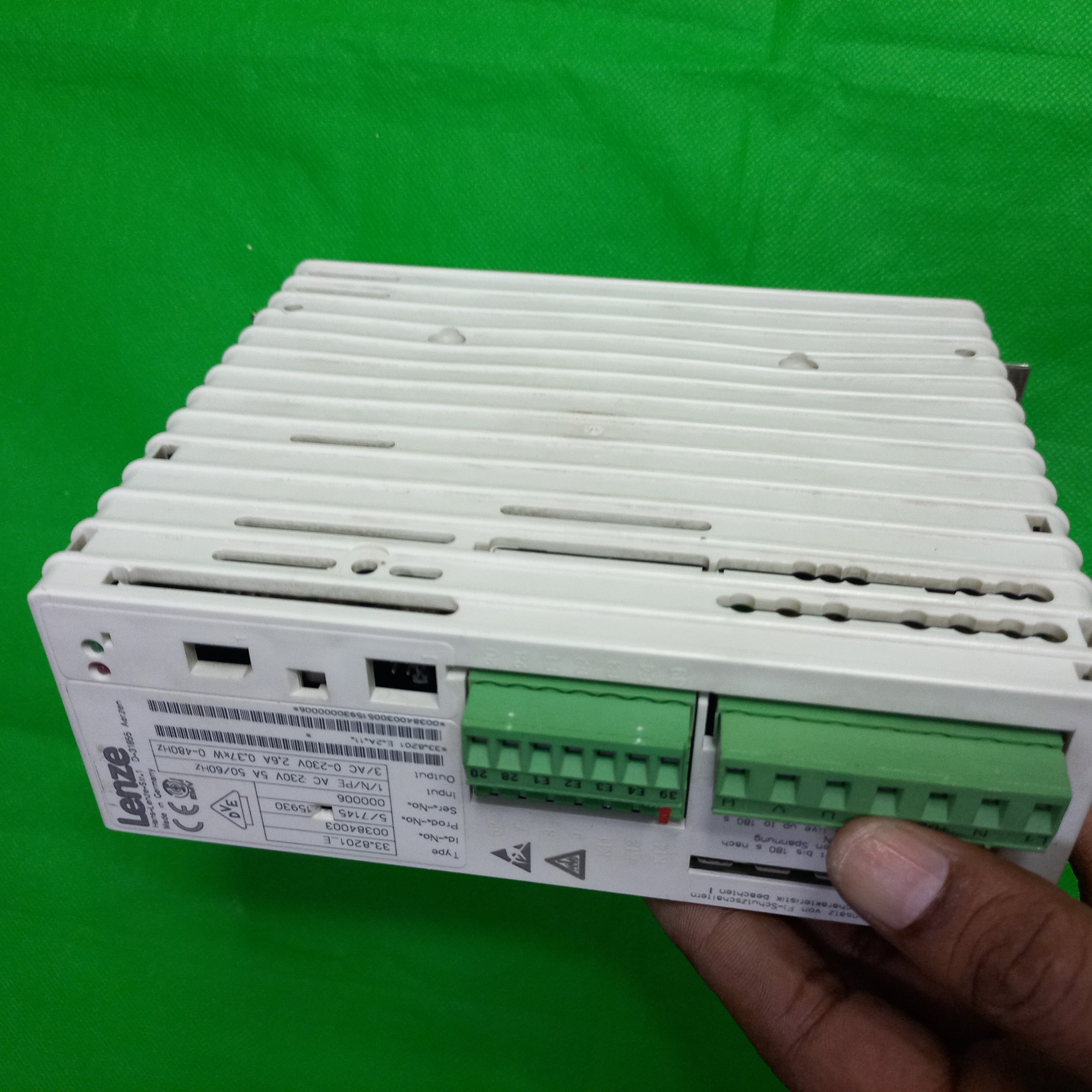 Side view with logo and connector showing photo of   Lenze Drive 338201
