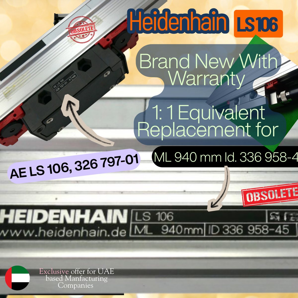Factory new replacement for F Obsolete Heidenhain LS 106 336 958-15, ML 440mm + AE LS 106, 326 797-01