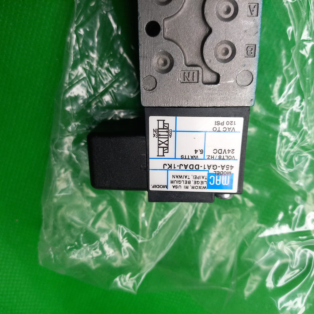 Mac brand valve shows specification sticker details 5.4 W 24Vdc MAC MAC 45A-GA1-DDAJ-1KJ ; 45AGA1-DDAJ-1KJ