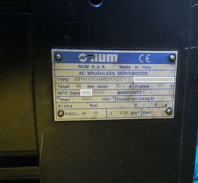 NUM BPH MOTOR BPH1904N5RA2C01 Brushless Servomotor 48Nm,30.3Amps480V,3000rpm