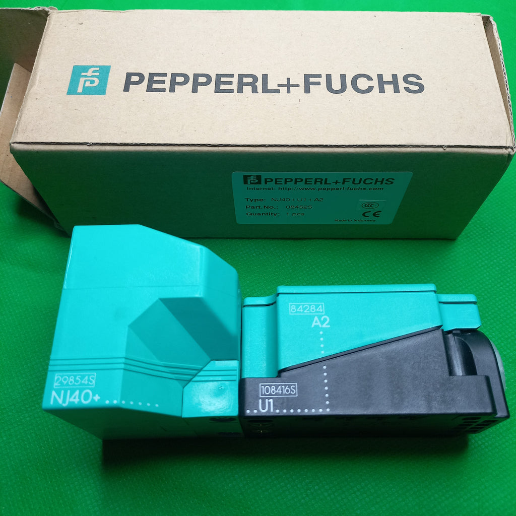 Side modular design shows NJ40, U, and A2 sections marked PEPPERL+FUCHS 084525 | NJ40+U1+A2 | 40mm Sense | 4 Wire- PNP complimentary