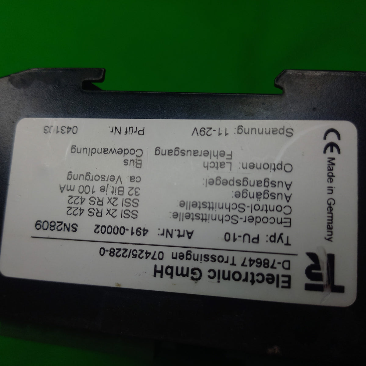 Specification sticker of Typ: PU-10
Art.Nr: 491-00002
Encoder-Schnittstelle: SSI 2x RS 422
Control-Schnittstelle:SSI 2x RS 422 