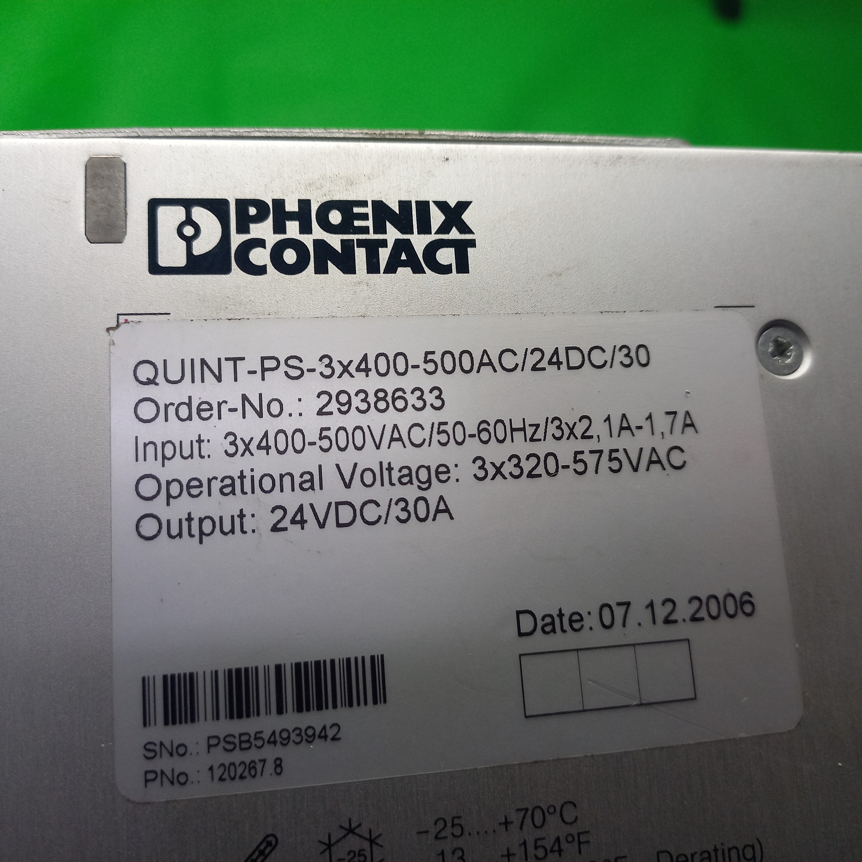 Specification sticker photo of the side New unit QUINT-PS-3X400-500AC/24DC/30 - Power supply ,2938633
