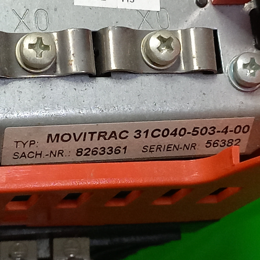 Specification sticker at near near terminal of SEW EURODRIVE, MOVITRAC 31C040-503-4-00, Sach.Nr. 826 3 3611