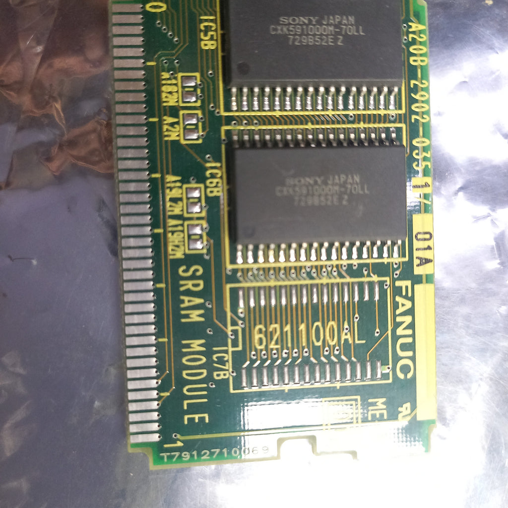 Part number marking SRAM Module  A20B-2902-035 1/01A, A350-2902-T354/01 , 
The FANUC SRAM Module A20B-2902-0351/01A is a 768KB static random-access memory (SRAM) daughter board/circuit module designed for FANUC CNC controls
