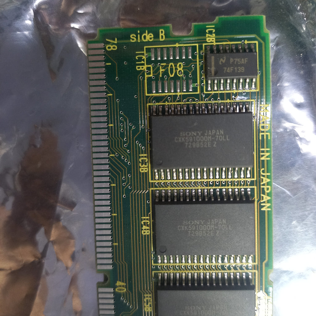 Side B close up of SRAM Module  A20B-2902-0351/01A, A350-2902-T354/01 , 
The FANUC SRAM Module A20B-2902-0351/01A is a 768KB static random-access memory (SRAM) daughter board/circuit module designed for FANUC CNC controls