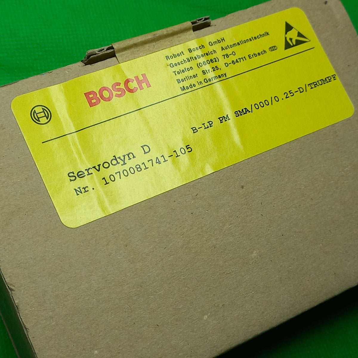Box outside sticker says Servodyn D
Nr. 1070081741-105
B-LP PM SMA/000/0.25-D/TRUMPF